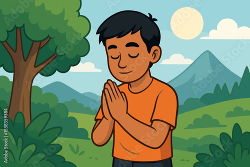 Peaceful boy praying in nature, showing gratitude and respect for the environment. Young child with hands in Namaste gesture for spirituality, mindfulness, meditation, and prayer.
