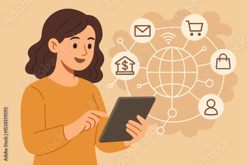 Digital banking and e-commerce concept. Woman using tablet for online shopping and financial management. Fintech, mobile payment, and internet services network vector illustration.