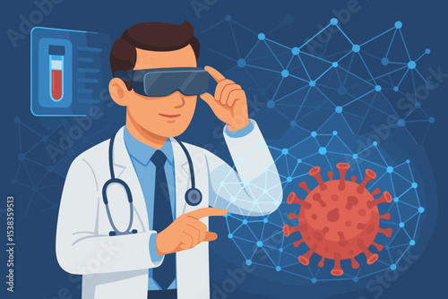 Doctor wearing virtual reality headset for medical diagnosis. Futuristic healthcare technology concept with a practitioner analyzing a virus and a blood test in the metaverse. Telemedicine.