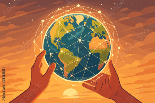 Hands holding Earth with a global network. Concept of communication, technology, and internet. Worldwide connection, globalization, future innovation, data exchange, business.