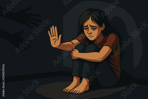 Woman victim of domestic violence showing stop hand gesture. Frightened, sad girl in corner. Concept of fear, depression, abuse, harassment, mental health. Stop violence vector.