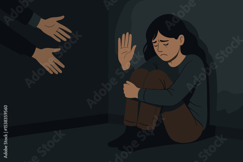 Metaphor for depression, anxiety, trauma. Sad woman in dark corner refusing help. Concept of mental health, isolation, loneliness, fear. Psychology and support rejected.