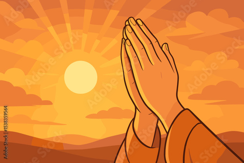 Praying hands vector concept of faith, religion, and spirituality. Worship and gratitude gesture with sun rays background. Hope and belief illustration for religious themes.