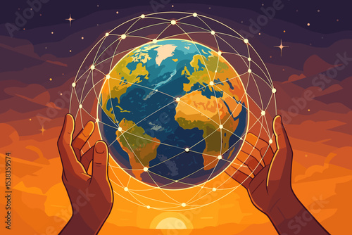 Hands cradling Earth wrapped in a glowing global network. Concept of connection, technology, internet, and communication. Future of data, globalization, and worldwide community. Vector.