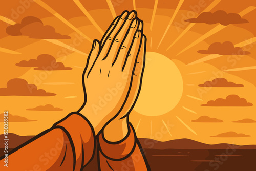 Praying hands illustration at sunset. Concept of faith, religion, and spirituality. Person praying to God for hope and gratitude. Worship scene with sunbeams and divine light. Vector.