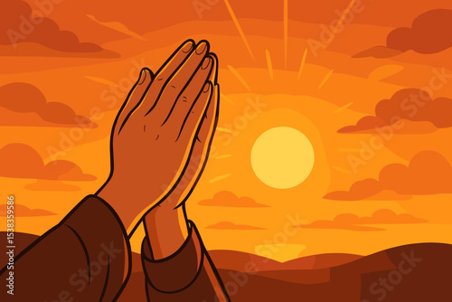 Praying hands at sunset or sunrise. Religious vector illustration concept of faith, hope, spirituality, and gratitude. Worship and devotion to God. Peaceful spiritual scene.