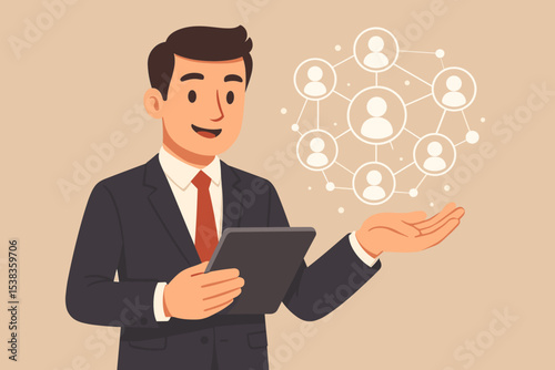 Digital leadership concept. Manager with tablet presents a team network diagram. Human resources (HR), business organization, corporate structure, and social community management.