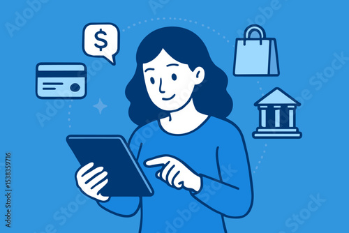 Online shopping concept with a woman using a tablet for e-commerce. Digital payment, mobile banking, and fintech vector illustration. Customer journey with credit card and bank icons.