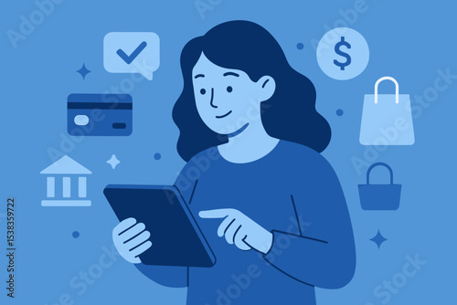 Online shopping concept with woman using tablet for e-commerce. Digital customer journey showing mobile banking, secure payment with credit card, and online store purchase. Fintech.