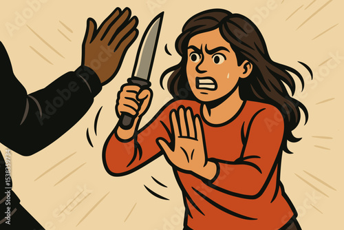 Self-defense concept of a woman fighting an attacker with a knife. Brave female victim defending herself against assault, robbery and violence. Personal safety and protection.