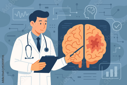 Doctor examining a brain scan for Alzheimer's disease. Neurologist pointing at damaged brain area. Medical vector concept for dementia, memory loss, neurology, diagnosis, research.