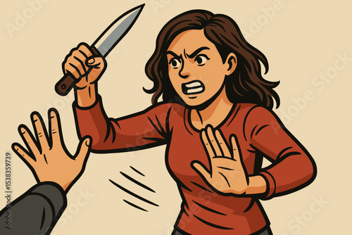Brave woman with knife in self-defense against aggressor. Concept of fighting back, domestic violence, assault, and protection. Fearful but strong victim. Retro comic style vector.