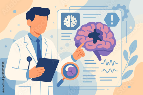 Doctor neurologist examining brain for Alzheimer's disease diagnosis. Medical assessment for memory loss or dementia. Concept of neurology research with brain scan analysis vector.