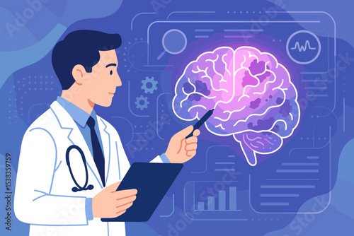 Doctor examining brain for Alzheimer's disease, dementia. Neurologist studying brain scan. Medical diagnosis concept for memory loss, cognitive decline. Neurology research vector.