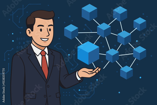 Businessman presenting blockchain technology concept. Man showing decentralized network of cubes. Fintech innovation, cryptocurrency, distributed ledger, data security vector illustration.