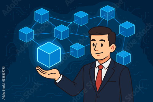 Blockchain technology vector illustration. Businessman presenting a decentralized network of glowing blocks. Concept for cryptocurrency, fintech, secure digital finance, and distributed ledger.