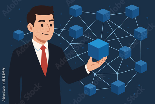 Blockchain technology concept. Businessman holds a block from a decentralized network. Fintech, cryptocurrency, digital finance, and secure data transaction vector illustration.