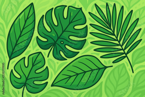 Tropical leaves set vector illustration. Cartoon collection of green jungle foliage including monstera and palm leaf. Exotic botanical design elements for summer or nature themes.