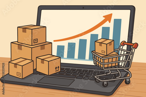 E-commerce growth and online shopping concept. Laptop with rising sales graph, shopping cart and delivery packages. Vector for business success, digital marketing, logistics, and profit.