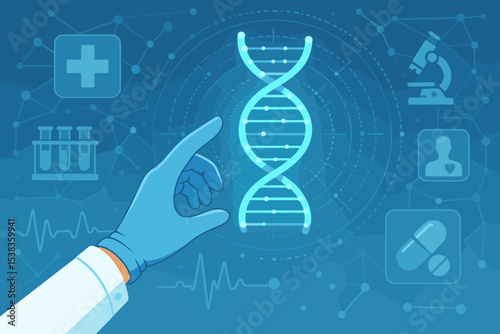 Medical technology concept with doctor hand and DNA helix. Scientist pointing at futuristic interface for genetic research, biotechnology, healthcare analysis, and gene engineering.