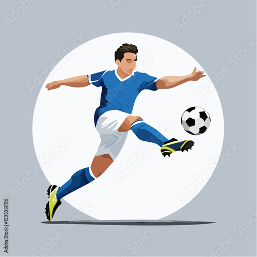 A dynamic vector illustration of a soccer player in mid-air kicking the ball with a skillful and powerful motion against a minimalist background.