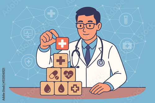 Doctor building healthcare system concept with wooden blocks. Medical innovation and health insurance plan metaphor. Physician stacking icons for clinic services and treatment.