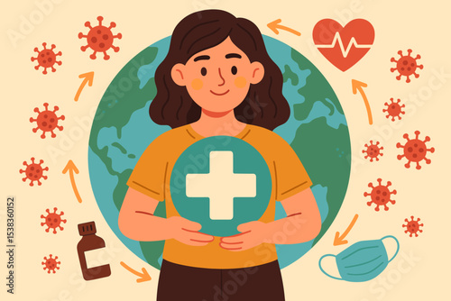 Global healthcare and pandemic awareness concept. Woman holding medical cross protecting planet Earth from virus. Vector illustration for public health, medicine, and disease prevention.