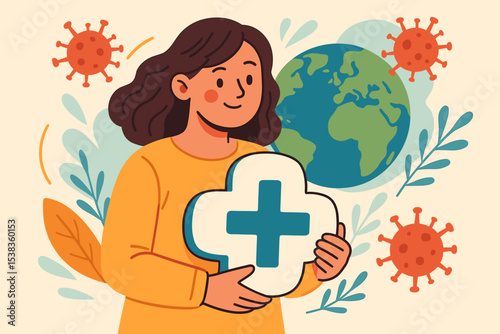 Woman holding a medical cross, protecting planet Earth from a virus. Global pandemic awareness concept. Healthcare, medicine, and World Health Day vector illustration for protection.