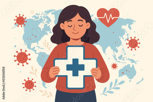 Global healthcare and pandemic awareness illustration. Woman holding a medical cross symbol for protection against virus. World map, heart, and EKG background. Medical care concept.