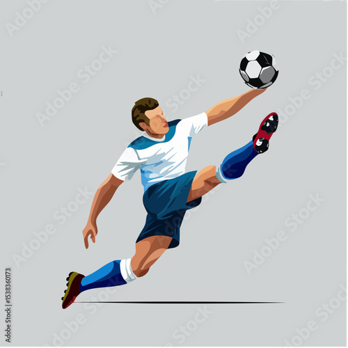A dynamic vector illustration of a soccer player in mid-air kicking the ball with great skill and precision against a neutral gray background