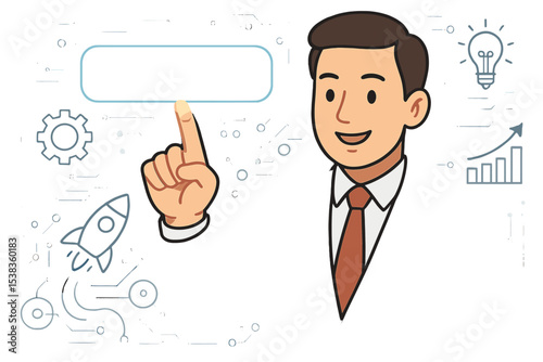 Businessman touching innovation button on digital interface. Business concept for creative idea, technology, growth, startup launch, solution, and success. Vector illustration.