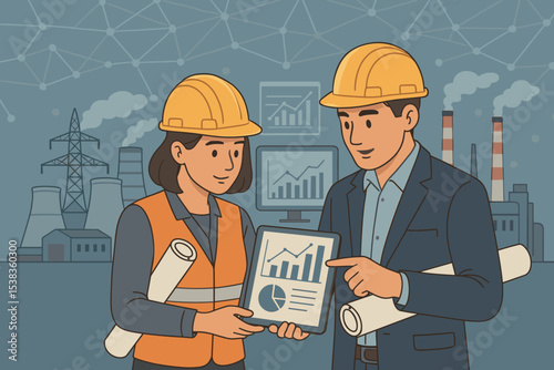 Engineers inspect a power plant, analyzing data on a tablet. Man and woman in hard hats discuss charts and graphs. Industrial energy production, technology, and teamwork concept.