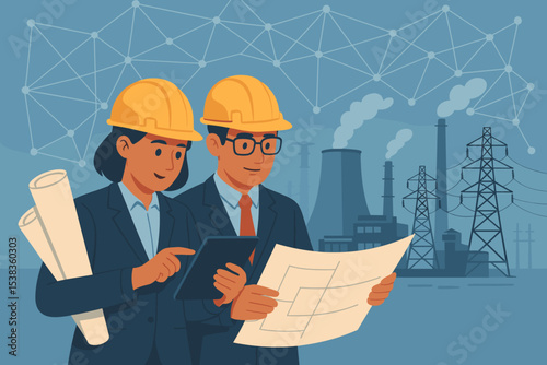 Engineers team with hard hats inspect power plant. Man and woman with blueprint and tablet planning energy project. Industrial electricity generation and safety concept vector.