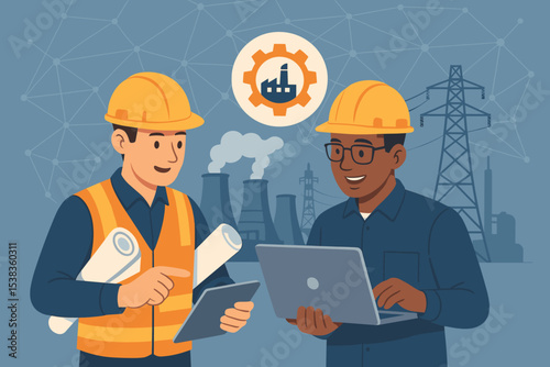 Diverse team of engineers working at a power plant. Industrial technicians with hard hats inspect a factory using a laptop and blueprints. Energy sector collaboration concept.