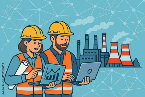 Two engineers, man and woman, working at a power plant. Industrial team with laptops analyzing data charts. Energy generation, factory inspection, and technology concept illustration.