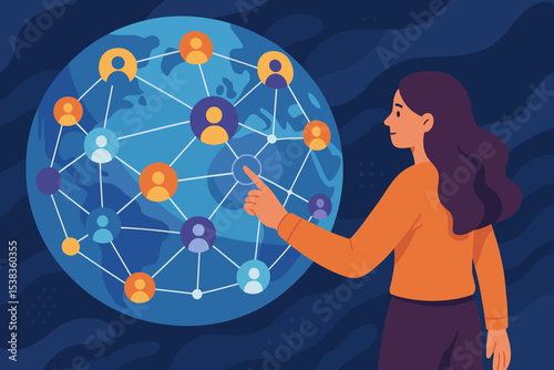 Woman interacting with a global network on a digital screen. Concept of social media, worldwide communication, teamwork, and international business. People connecting across the globe.