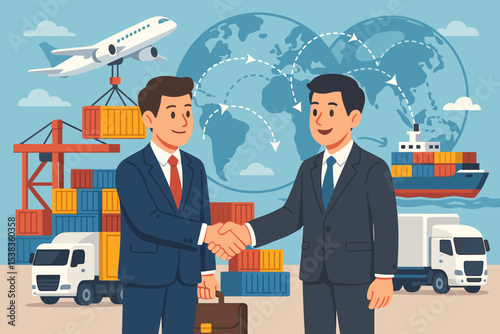 Global logistics network and supply chain partnership concept. Businessmen handshake for an international trade deal. Import export transport with cargo, ship, plane, and truck.