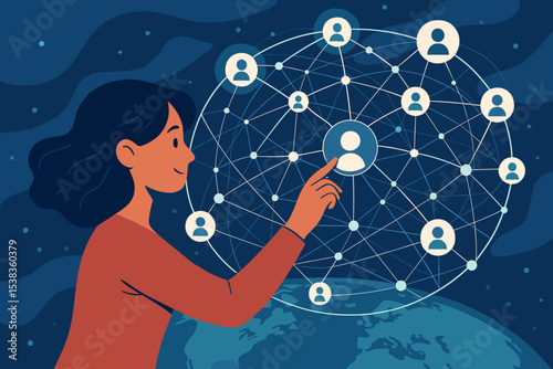 Woman managing a global business network. Concept for social media, communication, and HR recruitment. User interacts with a digital web of profiles over the Earth. Teamwork concept.