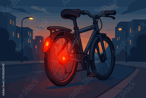 Bicycle with glowing red rear lights parked on an empty city street at night. Concept of urban mobility, safe cycling, and eco-friendly transportation. Bike commuting illustration.