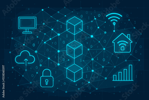 Blockchain technology futuristic concept. Digital data network connection with security padlock, cloud computing, smart home IoT, and finance chart icons. Abstract crypto background web.
