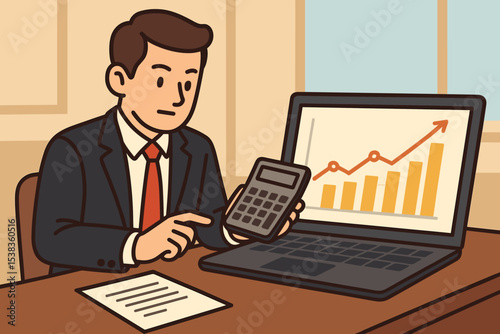 Businessman analyzing financial growth report on a laptop with chart. Accountant using calculator at office desk. Concept of business success, investment, data analysis, profit.