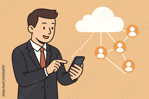 Businessman connects to cloud network with smartphone. Concept of digital communication, social media, remote collaboration, and data management. Modern business technology illustration.