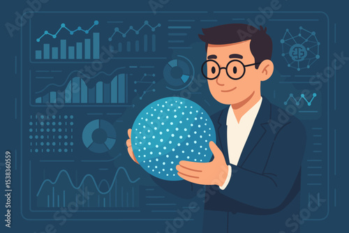 Data scientist analyzing big data on a futuristic dashboard. Professional analyst holding a global data sphere. Vector concept of business intelligence, research, and AI technology.