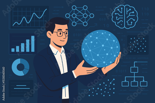 Data scientist analyzing big data with artificial intelligence. Man holding global network sphere. Futuristic concept with graphs, charts, and neural network for business analytics.