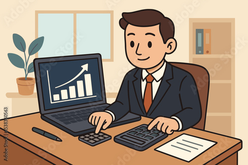 Businessman at office desk analyzing financial growth chart on laptop. Accountant calculating profit. Business success, investment strategy, data analysis, economy concept vector.