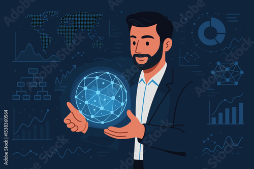Futuristic data science illustration. Businessman or analyst presenting big data. Man holding glowing global network with charts, graphs and world map in background. Market analysis.
