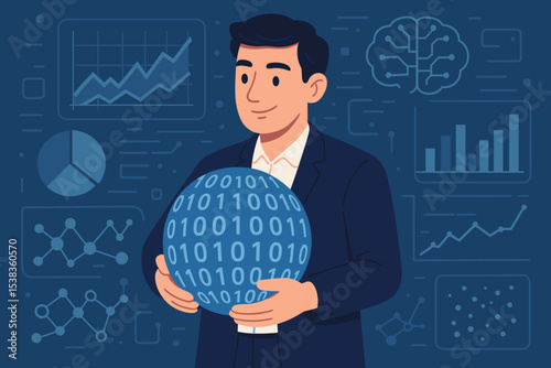 Data scientist holding a globe with binary code. Big data analysis and business intelligence concept. Man with futuristic dashboard, charts, graphs. Artificial intelligence, innovation.