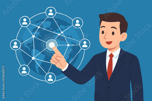 Businessman managing a global network. Manager pointing at a digital interface with team icons. Concept of business connection, communication, human resources, and globalization.