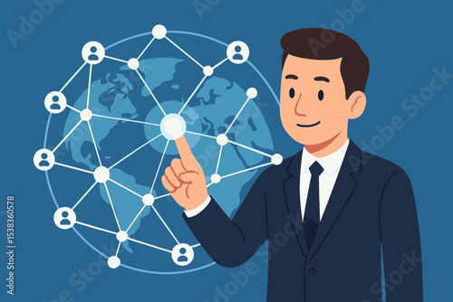 Businessman pointing at global network connections on a world map. Concept of internet technology, worldwide communication, data exchange, and business strategy. Social media network.
