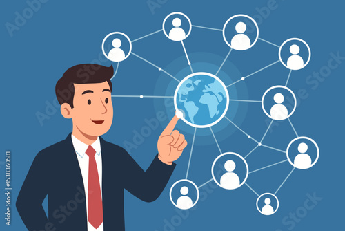 Businessman touching a virtual screen with a global network diagram. Concept of international business connections, social media, communication technology, and worldwide teamwork.
